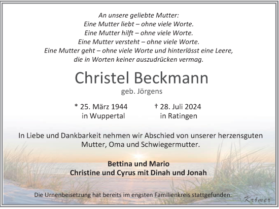 Traueranzeige von Christel Beckmann von Tageszeitung