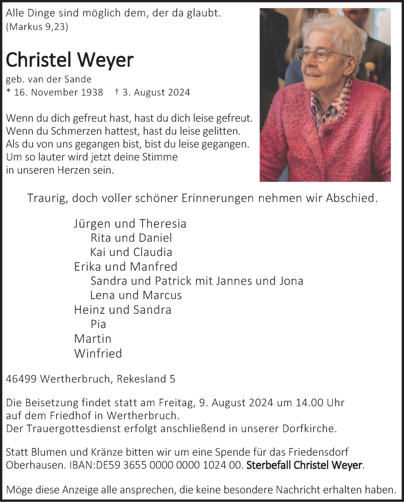  Traueranzeige für Christel Weyer vom 07.08.2024 aus Tageszeitung