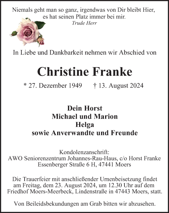 Traueranzeige von Christine Franke von Tageszeitung