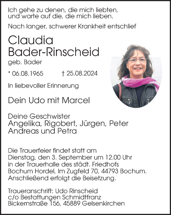 Traueranzeige von Claudia Bader-Rinscheid von Tageszeitung