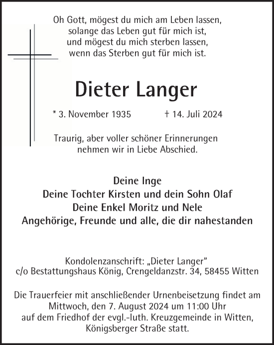 Traueranzeige von Dieter Langer von Tageszeitung