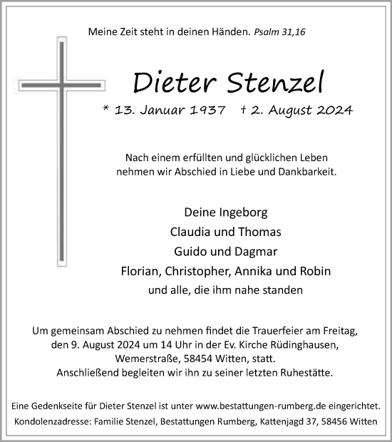 Traueranzeige von Dieter Stenzel von Tageszeitung