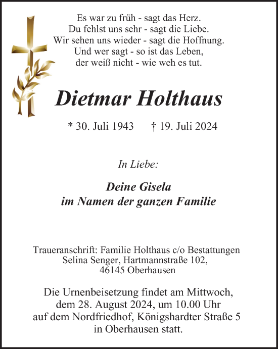 Traueranzeige von Dietmar Holthaus von Tageszeitung