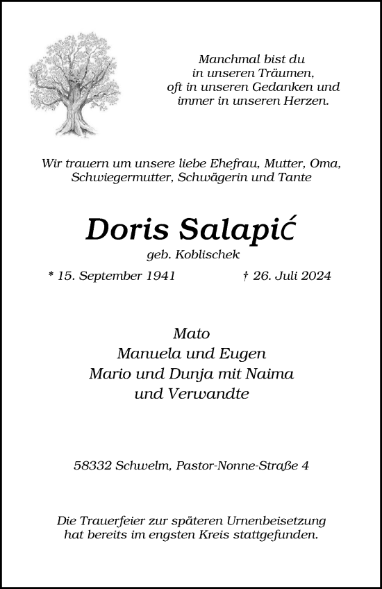 Traueranzeige von Doris Salapic von Tageszeitung