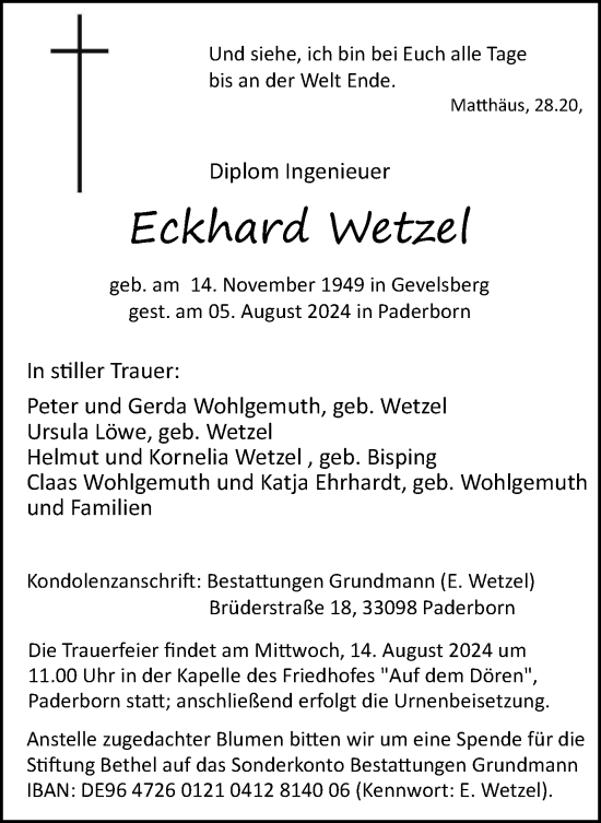 Traueranzeige von Eckhard Wetzel von Tageszeitung