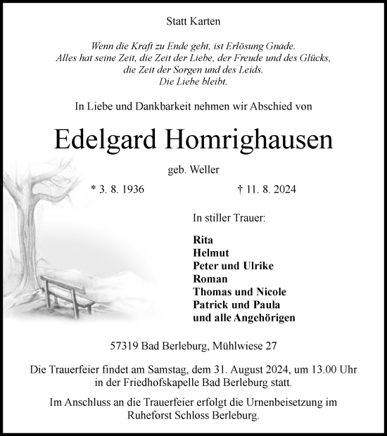 Traueranzeige von Edelgard Homrighausen von Tageszeitung