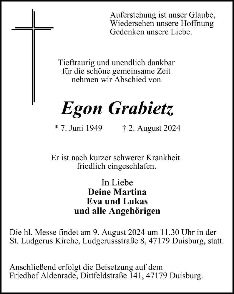  Traueranzeige für Egon Grabietz vom 07.08.2024 aus Tageszeitung