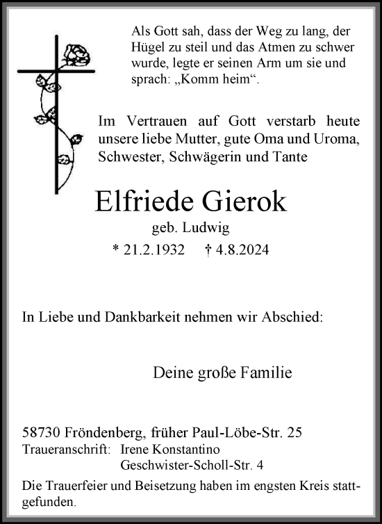 Traueranzeige von Elfriede Gierok von Tageszeitung