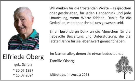 Traueranzeige von Elfriede Oberg von Tageszeitung