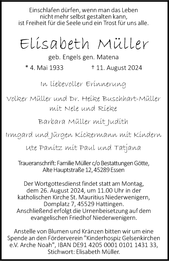  Traueranzeige für Elisabeth Müller vom 24.08.2024 aus Tageszeitung