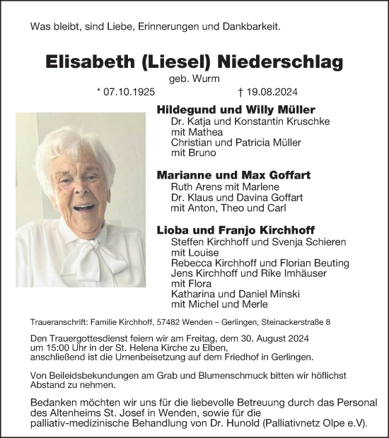 Traueranzeige von Elisabeth  Niederschlag von Tageszeitung