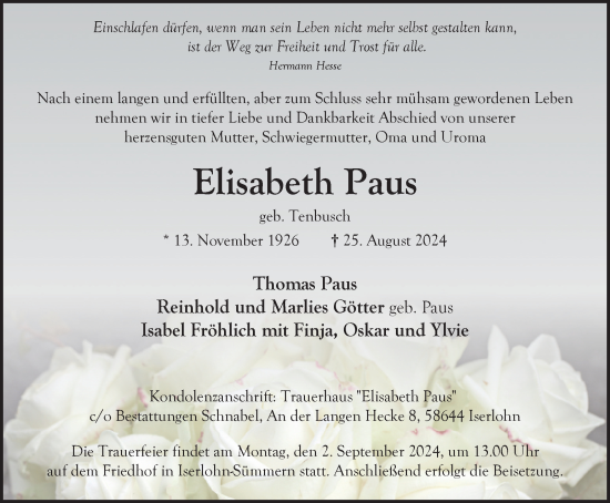 Traueranzeige von Elisabeth Paus von Tageszeitung