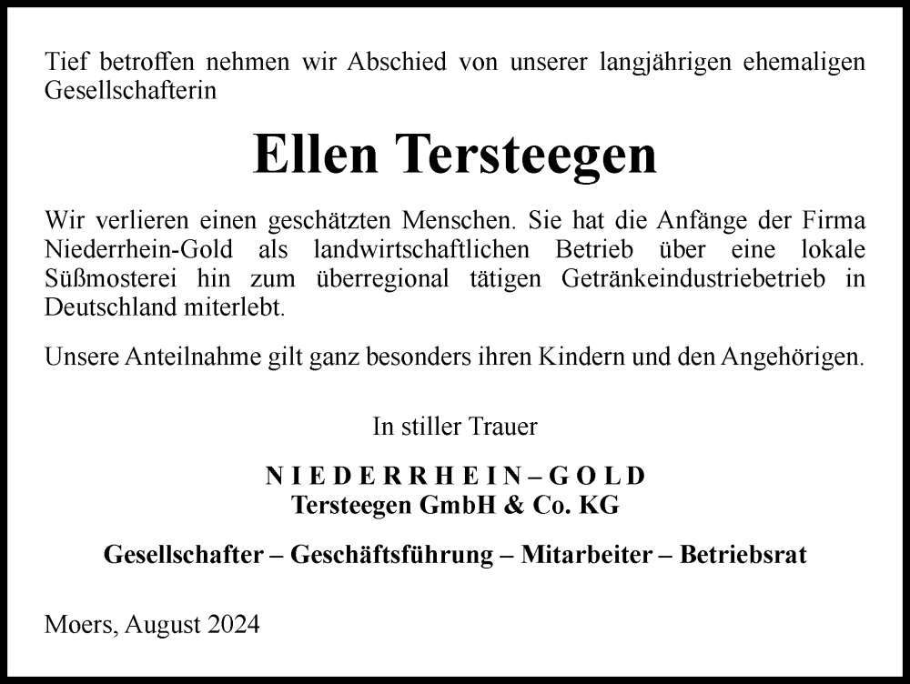  Traueranzeige für Ellen Tersteegen vom 03.08.2024 aus Tageszeitung
