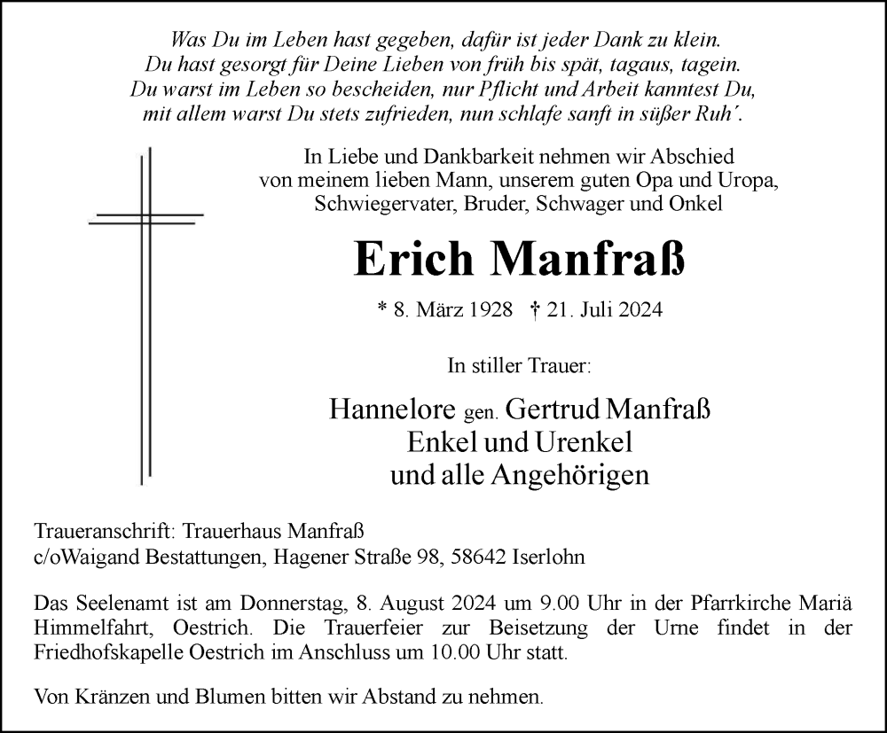  Traueranzeige für Erich Manfraß vom 03.08.2024 aus Tageszeitung
