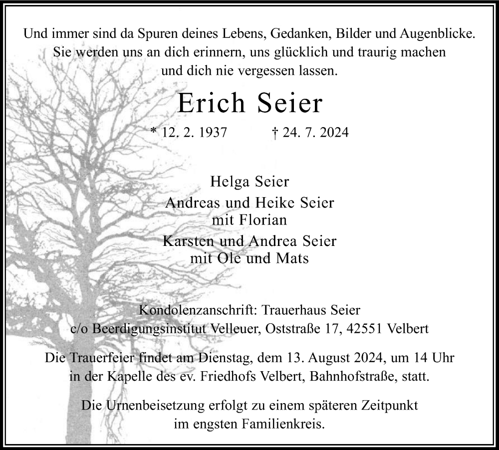  Traueranzeige für Erich Seier vom 03.08.2024 aus Tageszeitung