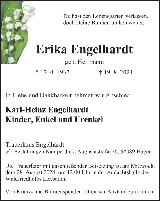 Traueranzeige von Erika Engelhardt von Tageszeitung