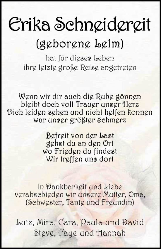 Traueranzeige von Erika Schneidereit von Tageszeitung