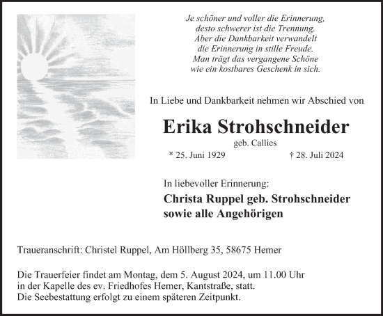 Traueranzeige von Erika Strohschneider von Tageszeitung