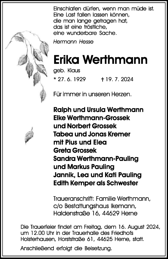 Traueranzeige von Erika Werthmann von Tageszeitung