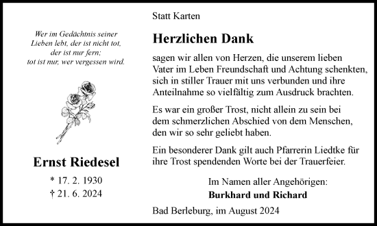 Traueranzeige von Ernst Riedesel von Tageszeitung