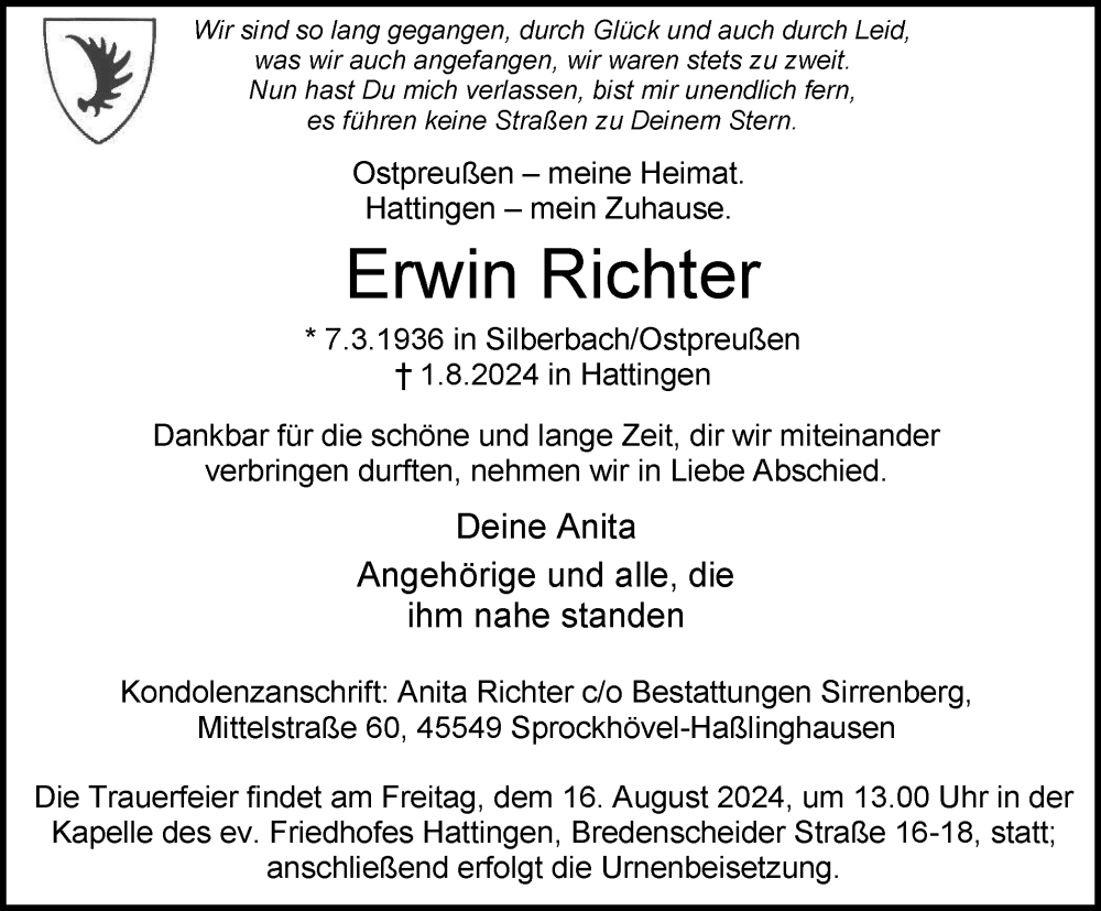  Traueranzeige für Erwin Richter vom 10.08.2024 aus Tageszeitung
