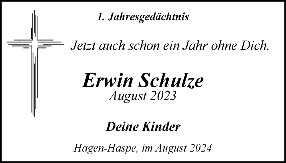  Traueranzeige für Erwin Schulze vom 29.08.2024 aus Tageszeitung