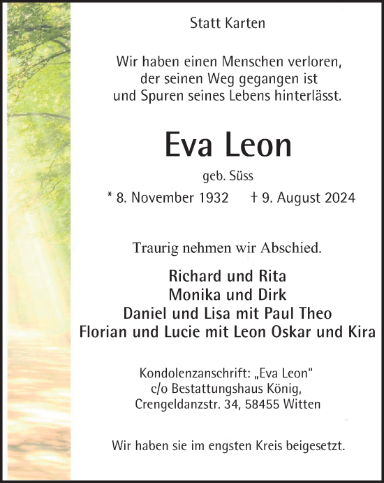 Traueranzeige von Eva Leon von Tageszeitung