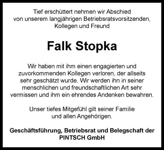 Traueranzeige von Falk Stopka von Tageszeitung