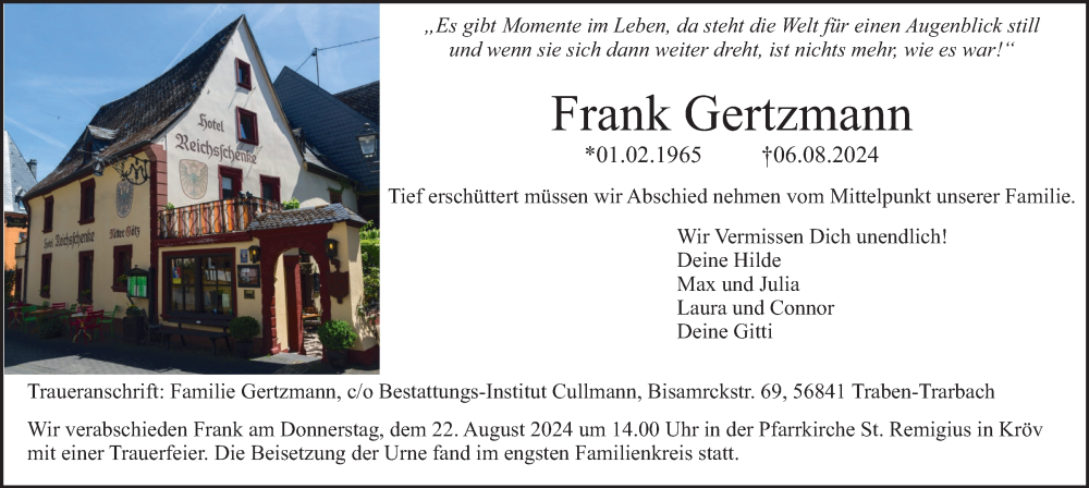  Traueranzeige für Frank Gertzmann vom 24.08.2024 aus Tageszeitung