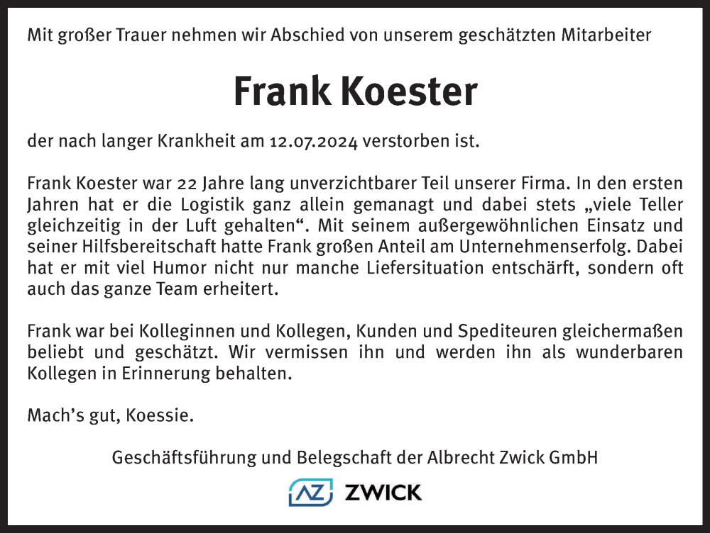  Traueranzeige für Frank Koester vom 03.08.2024 aus Tageszeitung