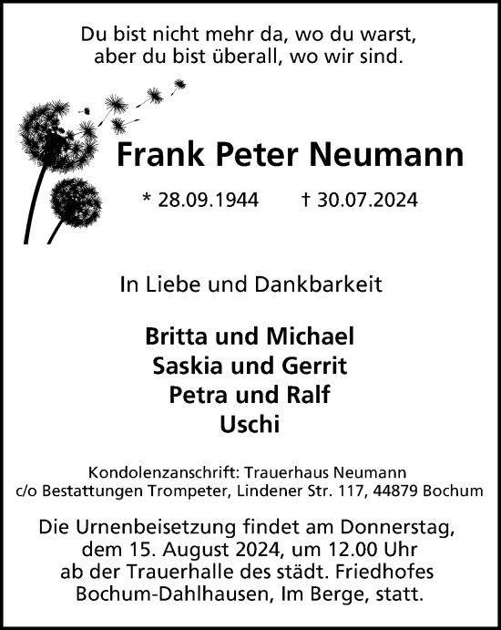 Traueranzeige von Frank Peter Neumann von Tageszeitung