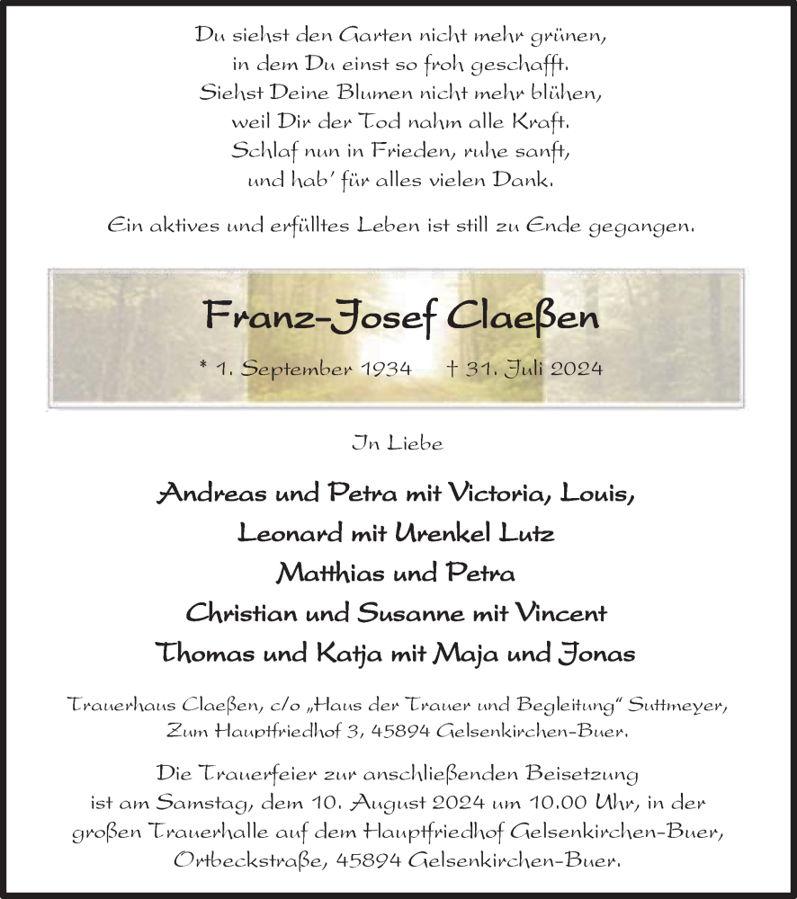  Traueranzeige für Franz-Josef Claeßen vom 03.08.2024 aus Tageszeitung