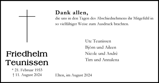 Traueranzeige von Friedhelm Teunissen von Tageszeitung
