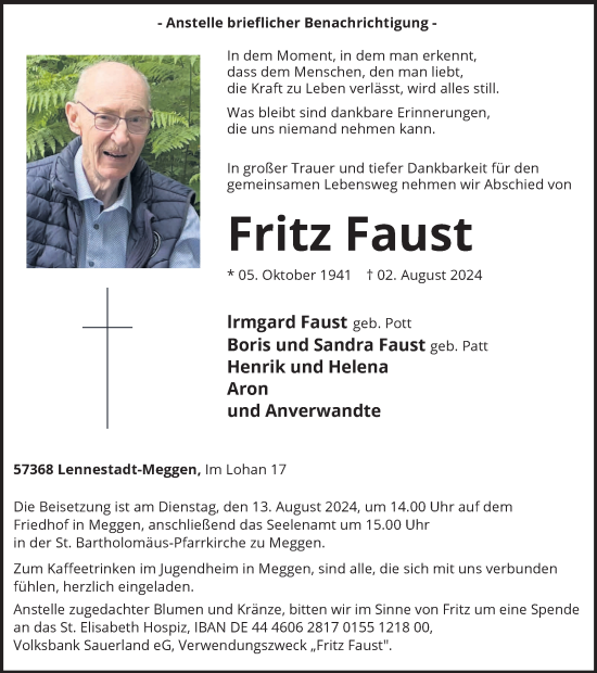Traueranzeige von Fritz Faust von Tageszeitung