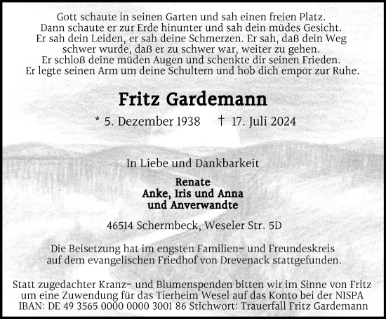 Traueranzeige von Fritz Gardemann von Tageszeitung