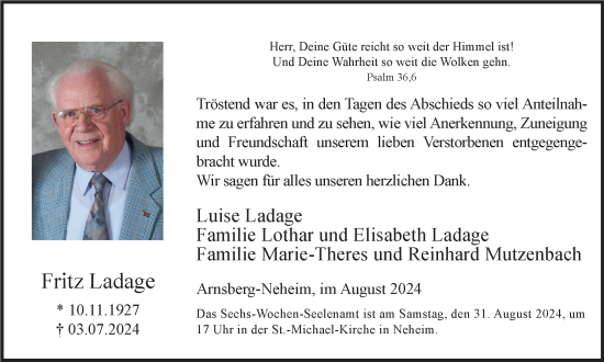 Traueranzeige von Fritz Ladage von Tageszeitung