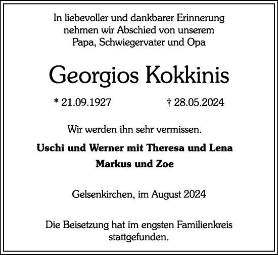 Traueranzeige von Georgios Kokkinis von Tageszeitung