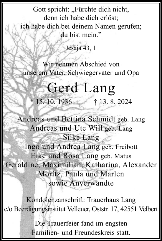 Traueranzeige von Gerd Lang von Tageszeitung