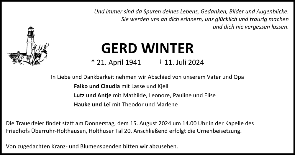  Traueranzeige für Gerd Winter vom 03.08.2024 aus Tageszeitung