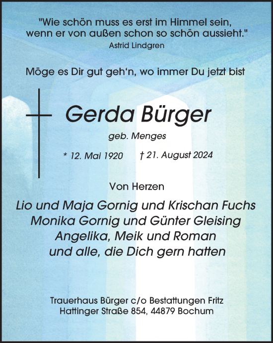 Traueranzeige von Gerda Bürger von Tageszeitung