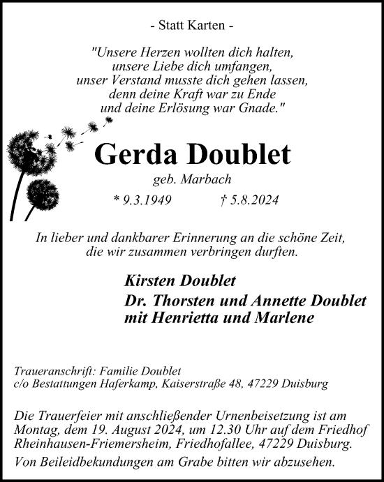 Traueranzeige von Gerda Doublet von Tageszeitung
