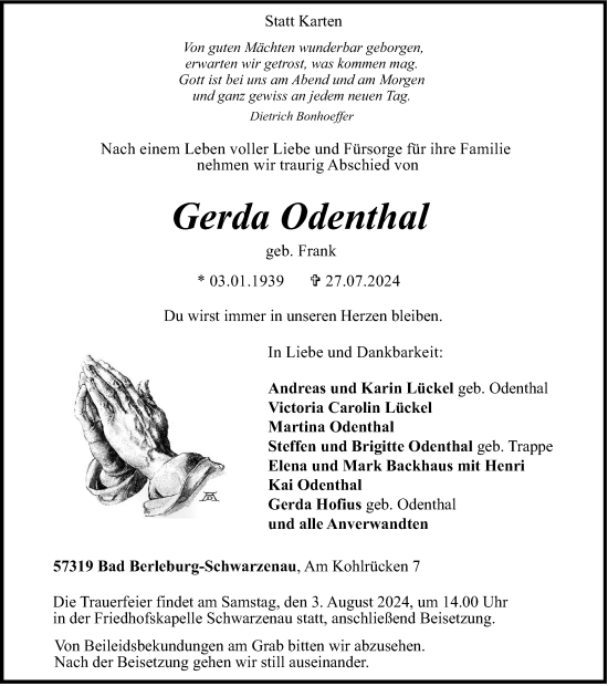 Traueranzeige von Gerda Odenthal von Tageszeitung