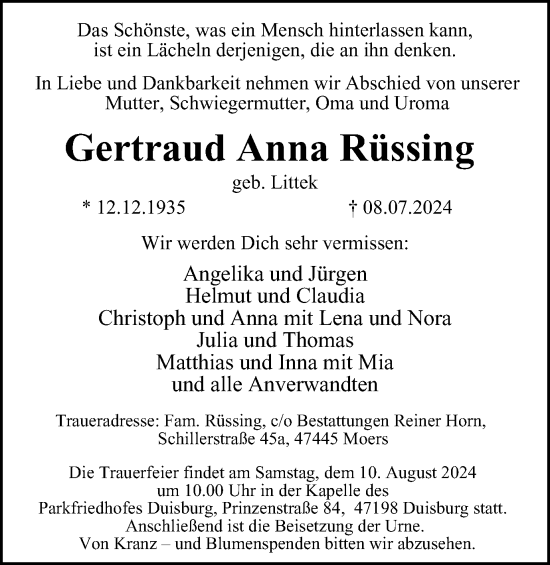 Traueranzeige von Gertraud Anna Rüssing von Tageszeitung