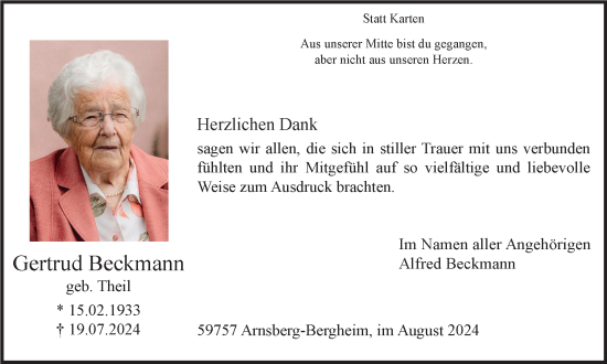 Traueranzeige von Gertrud Beckmann von Tageszeitung