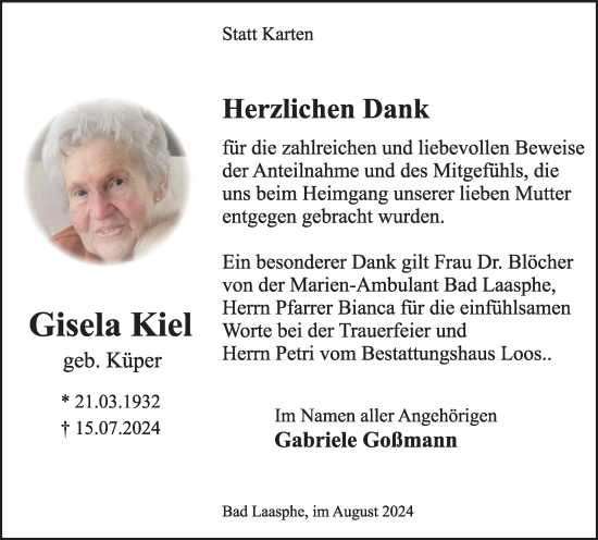 Traueranzeige von Gisela Kiel von Tageszeitung