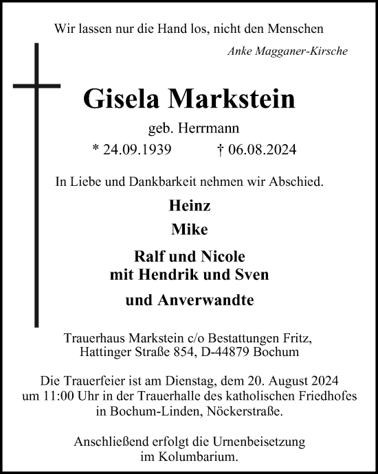 Traueranzeige von Gisela Markstein von Tageszeitung