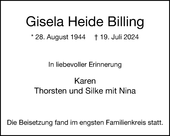 Traueranzeige von Gisela Heide Billing von Tageszeitung