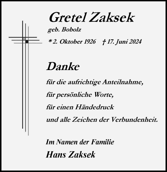 Traueranzeige von Gretel Zaksek von Tageszeitung