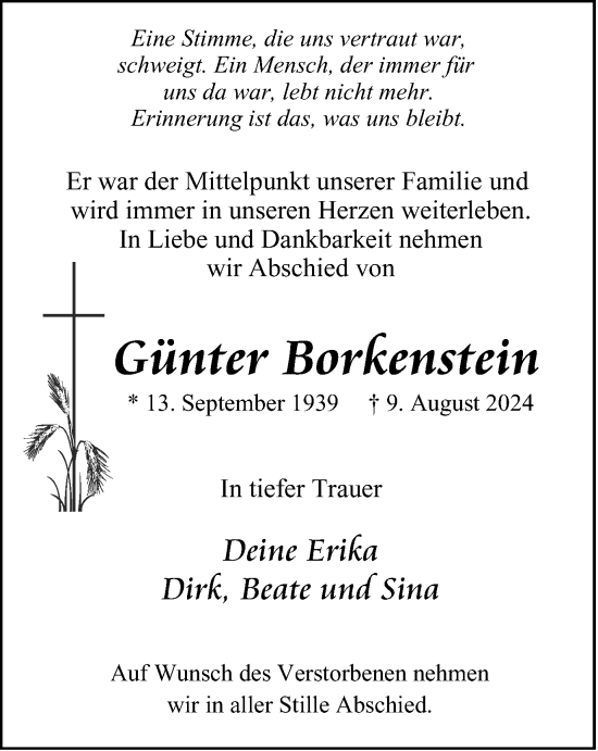 Traueranzeige von Günter Borkenstein von Tageszeitung
