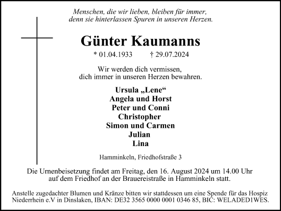 Traueranzeige von Günter Kaumanns von Tageszeitung